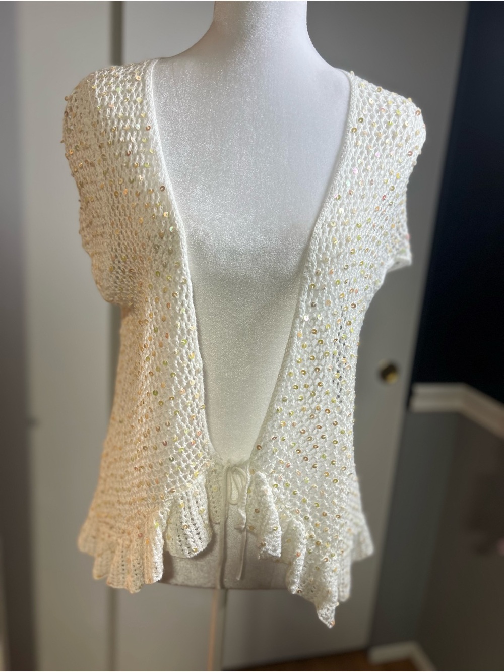 Cream Beaded Crochet Tie-Front Cardigan Sweater